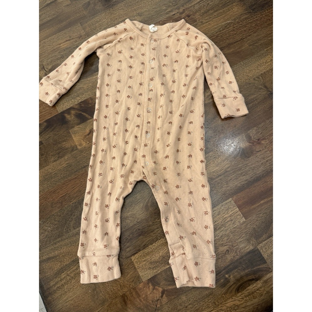 Quincy Mae Organic Cotton Floral Snap Coverall One-Piece Long Sleeve Beige